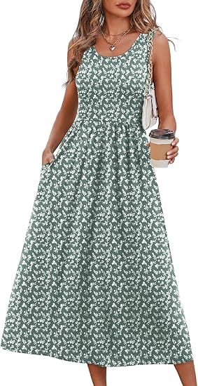Women Flowy Casual Midi Dress Beach Vacation Sundresses with Pockets